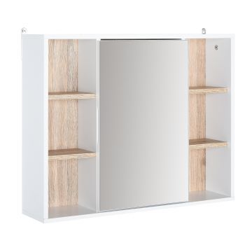 HOMCOM Dulap cu Oglinda din MDF si PAL, Dulap de Baie cu 3 Rafturi Laterale si Raft Interior Reglabil, 60x14.5x49.4 cm, Alb si Lemn Natur | Aosom RO