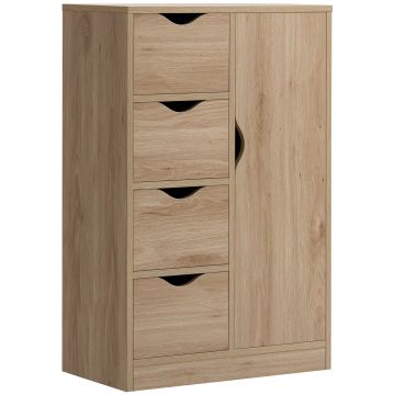 HOMCOM Mobilier Baie cu 4 Sertare si Dulapior cu 2 Niveluri, Unitate de Depozitare din PAL cu Manere Decupate, 54x29x83cm Lemn Natur | Aosom Romania