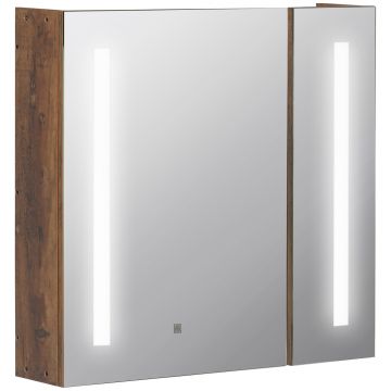 Kleankin Oglindă de Baie cu Lumini LED Reglabile, Dulap de Baie cu 2 Uși cu Oglindă și Raft Reglabil, 70x15x65 cm, Maro | Aosom Romania