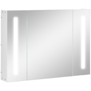 Kleankin Dulap de Baie LED cu Oglindă, 3 Uși și Rafturi Reglabile, Organizator de Depozitare Reglabil, 90x15x65 cm, Alb | Aosom Romania