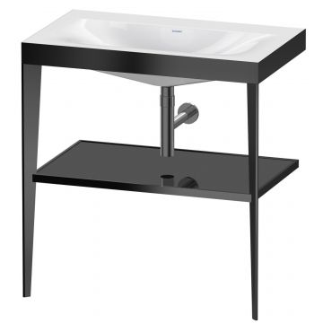 Set mobilier Duravit XViu cu lavoar 80cm fara orificiu baterie consola metalica negru mat si raft de sticla negru lucios