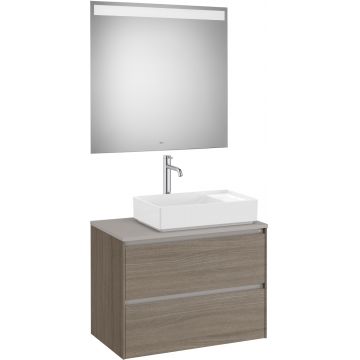 Set mobilier Roca Ona cu dulap baza cu doua sertare 80cm pentru lavoar pe blat dreapta si oglinda cu iluminare LED ulm inchis