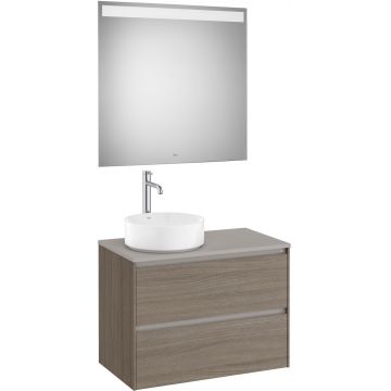 Set mobilier Roca Ona cu dulap baza cu doua sertare 80cm pentru lavoar pe blat stanga si oglinda cu iluminare LED ulm inchis