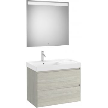 Set mobilier Roca Ona cu dulap baza cu doua sertare 80cm si lavoar asimetric orientare stanga si oglinda cu iluminare LED stejar alb