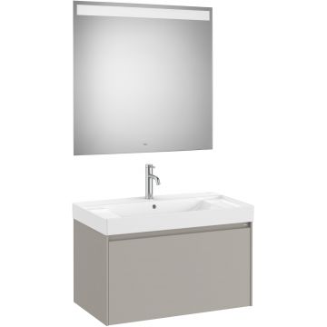 Set mobilier Roca Ona cu dulap baza cu un sertar 80cm si lavoar si oglinda cu iluminare LED gri mat