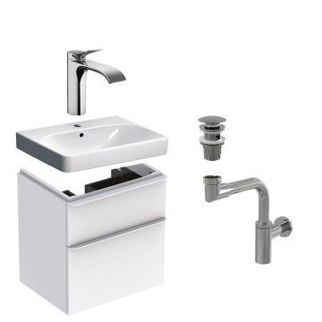 Set mobilier si lavoar, Geberit, Smyle, 60 cm, cu baterie Hansgrohe Vivenis si sifon Alcadrain