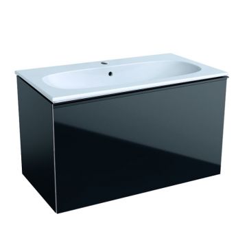 Set mobilier Geberit Acanto cu dulap baza  89x47.5cm cu un sertar sticla  negru mat + Lavoar 90x48cm  alb